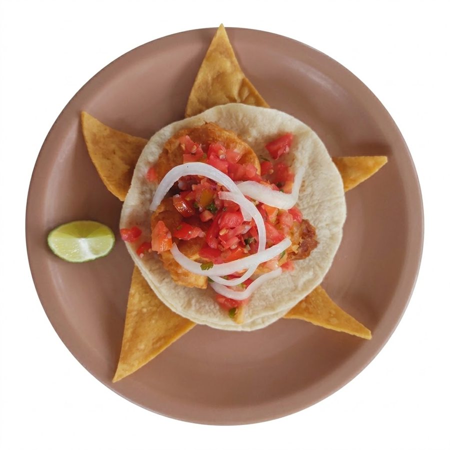Taco de camarón capeado con pico de gallo, cebolla y limón sobre un plato